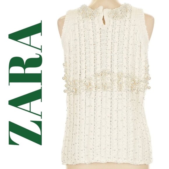 NWT ZARA WHITE ECRU CABLE KNIT FAUX PEARL SLEEVELESS SWEATER, LARGE - Picture 9 of 16